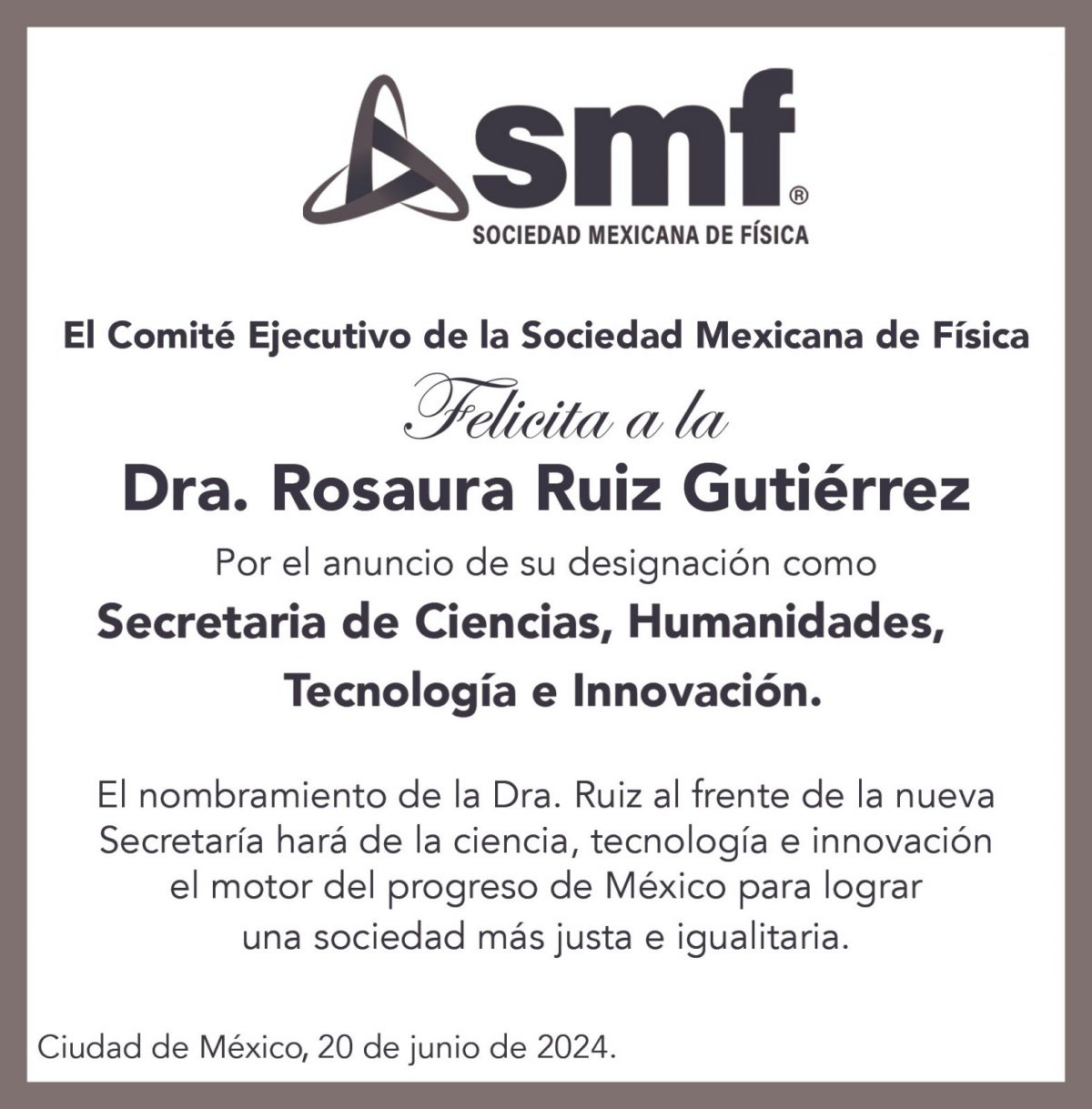 Nombramiento de la Dra. Rosaura Ruiz Gutiérrez Sociedad Mexicana de